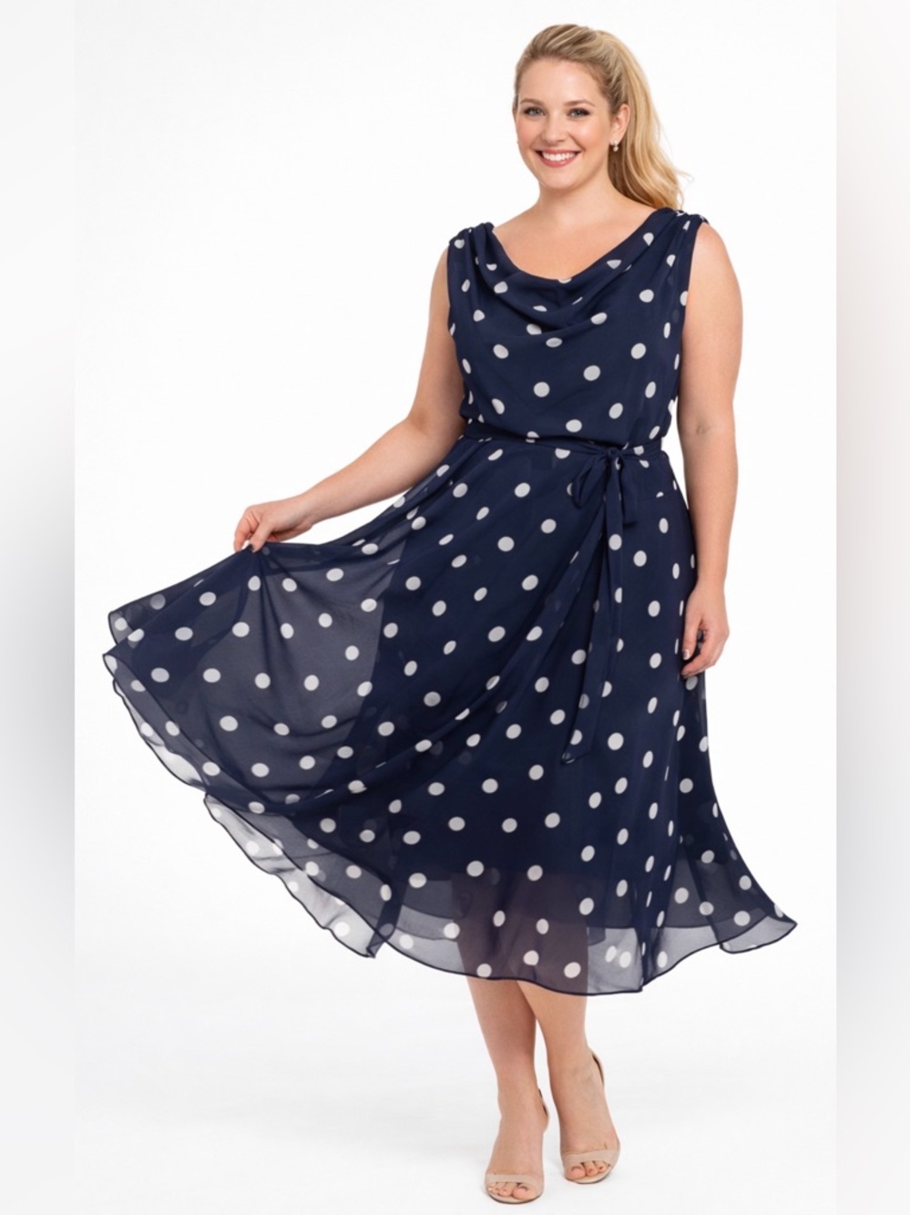 Navy Blue Polka Dot Chiffon Dress Cowl Neck Fit & Flare Midi Retro‎ Preppy 12